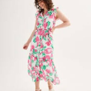 Draper James Floral Print Pink Green Maxi Tie Waist Dress XL
